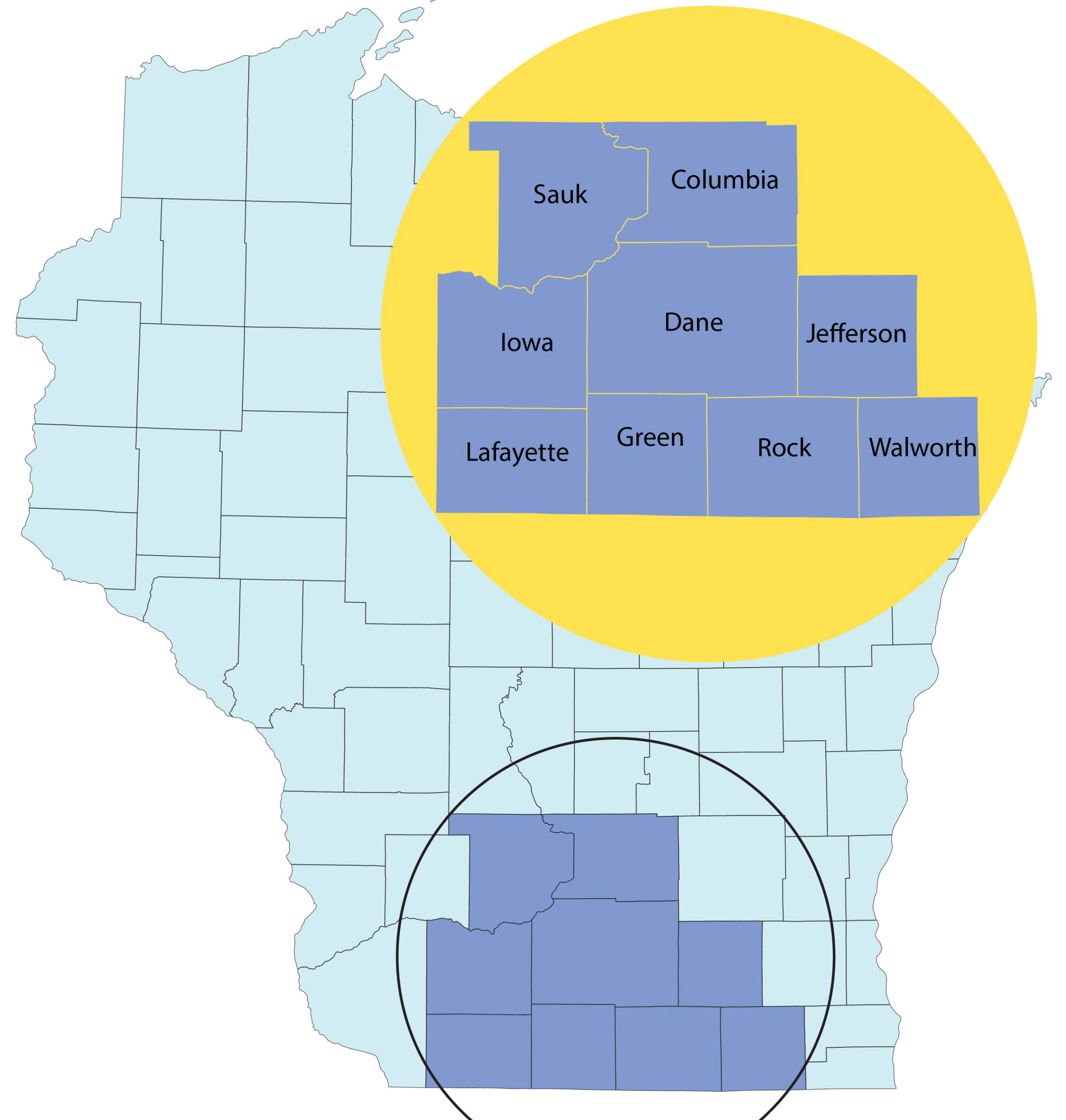 Map of Wisconsin highlighting Sauk, Columbia, Iowa, Dane, Jefferson, Lafayette, Green, Rock, and Walworth Counties