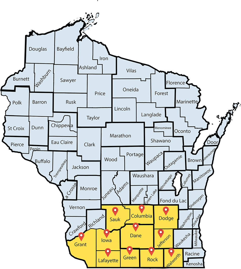Map of Wisconsin highlighting Sauk, Columbia, Iowa, Dane, Jefferson, Grant, Lafayette, Green, Rock, and Walworth Counties