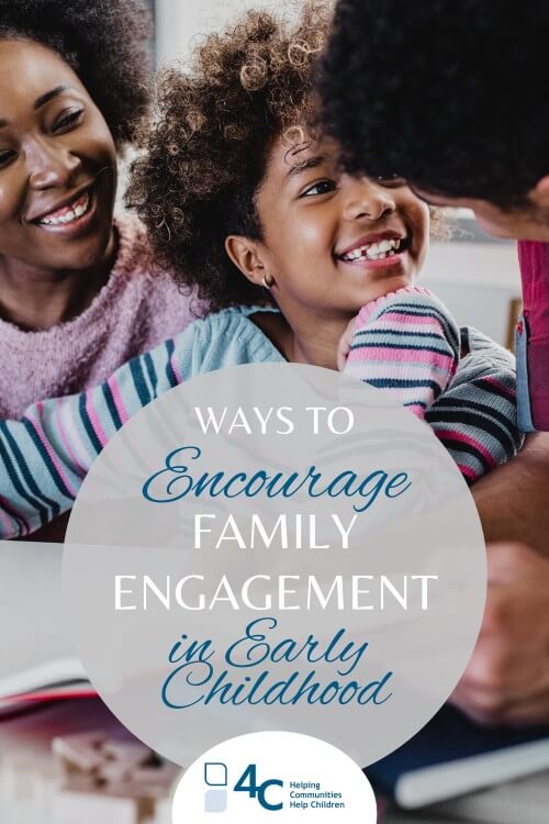 Black child with curly hair and striped sweater smiles up at parents, bubble of text reads "Ways to Encourage Family Engagement in Early Childhood"