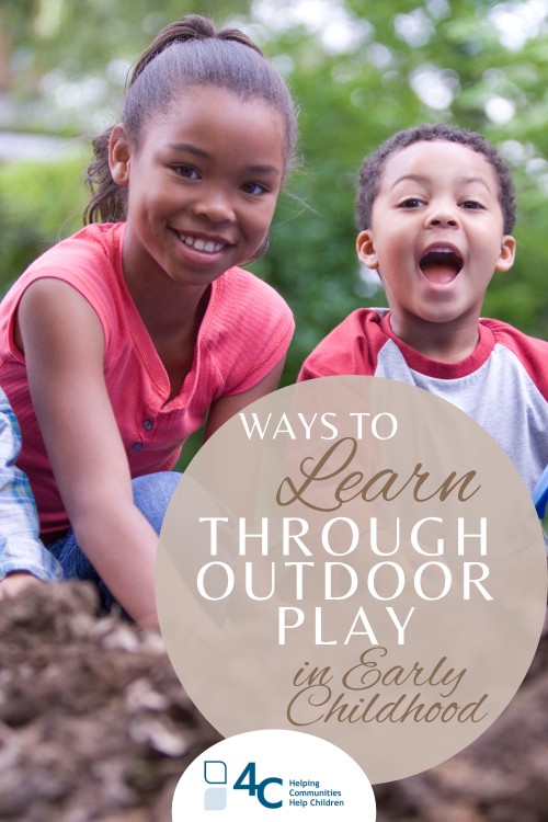 Two children playing in dirt and smiling with a bubble of text that reads Learning Through Outdoor Play in Early Childhood