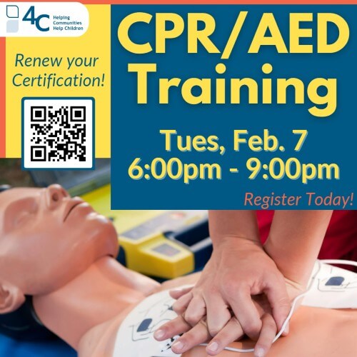 Image of a CPR dummy with hands pressed on the chest. Text reads "CPR/AED Training, Tues, Feb. 7 from 6-9 PM, Renew your Certification"