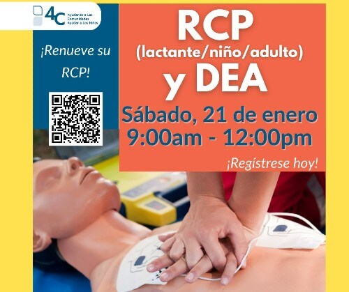 Image of CPR dummy with hands pressing; text reads RCP y DEA, Sabado, 21 de enero, 9am-12pm, !Renueve su RCP!