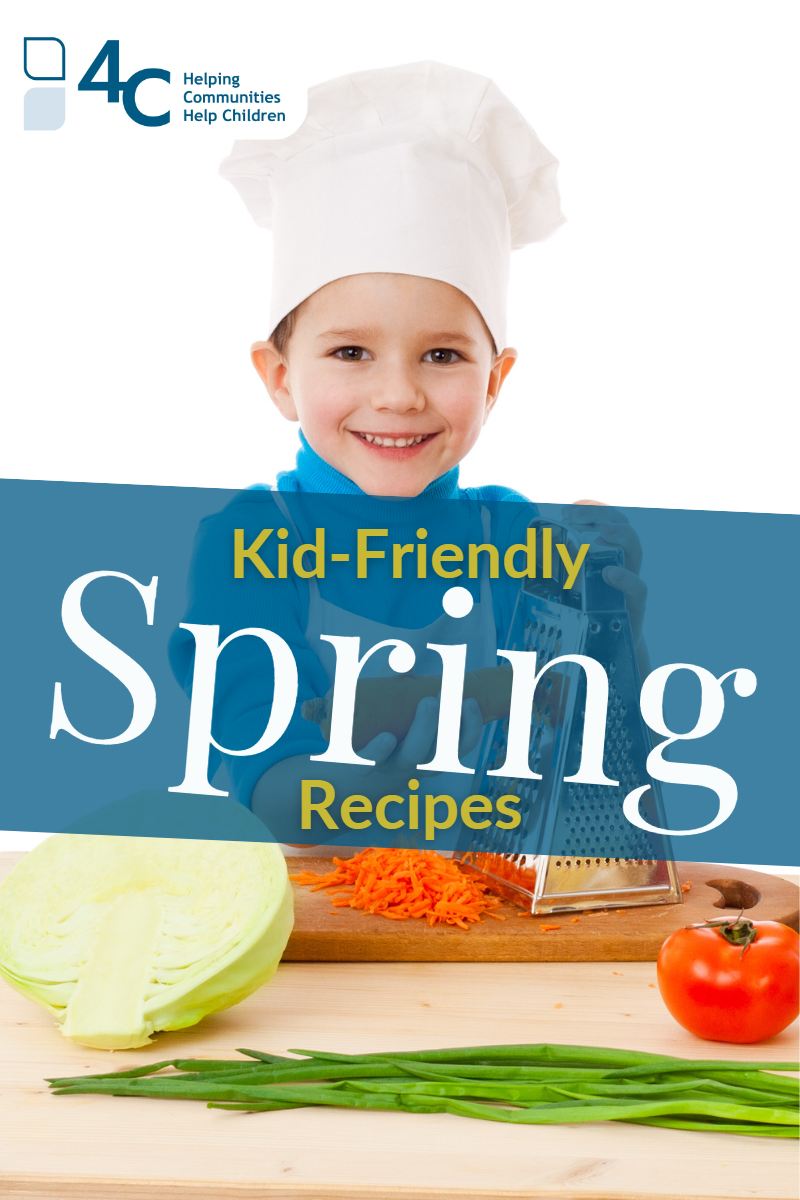 A white child wears a chef's hat and grates a carrot as he smiles at the viewer. Superimposed are the words, "Kid-Friendly SPRING Recipes" and a logo for 4-C Helping Communities Help Children